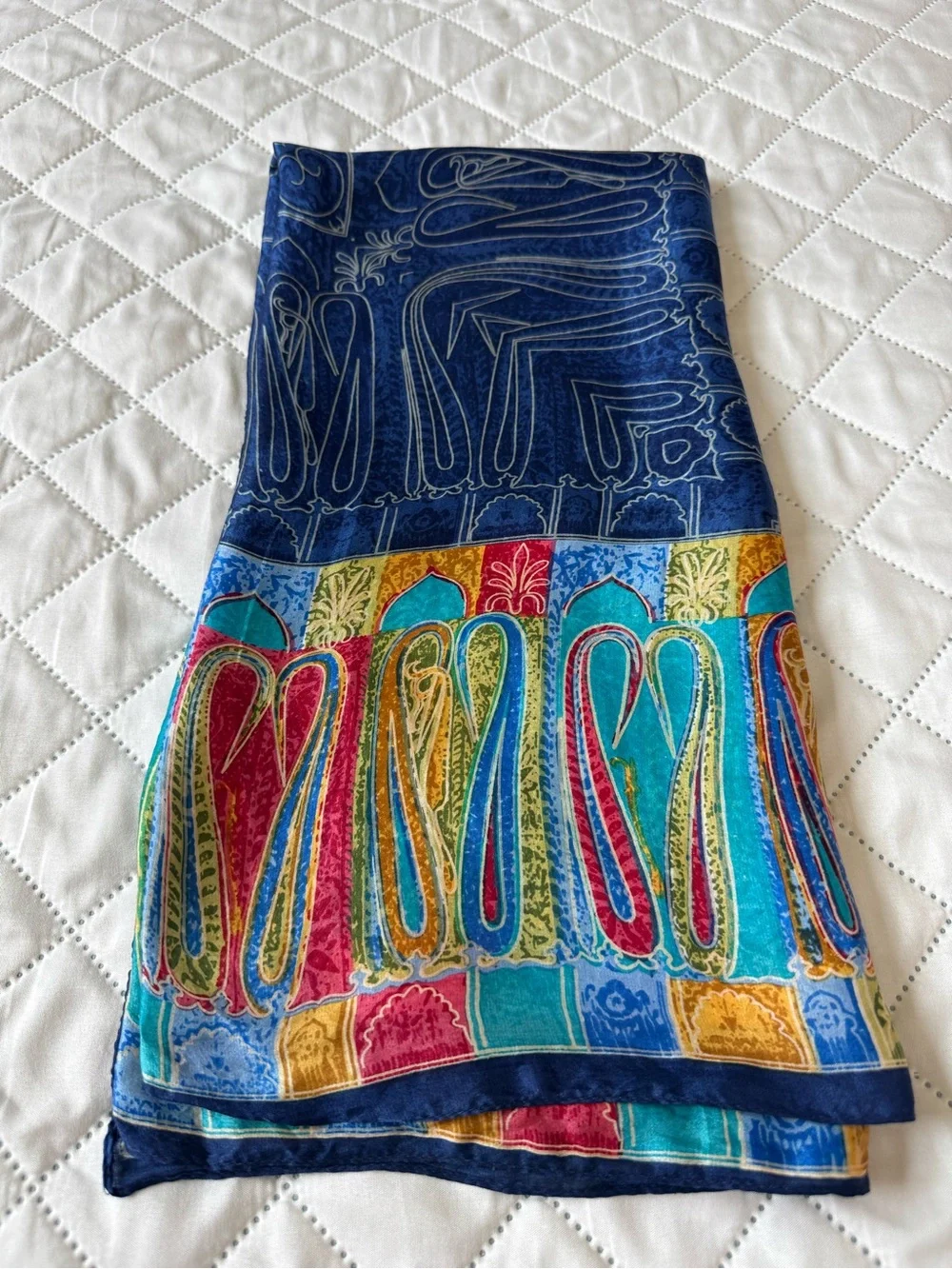 Vintage 100% Silk Abstract Mosaic Scarf Blue Multicolor 32”